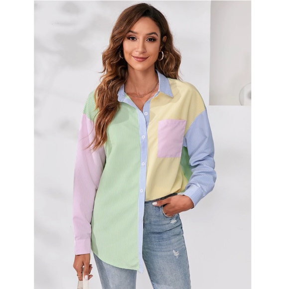 Multicolor Striped Casual Oversized Button Down Shirt (Blue, Green, Yellow, Pink - Picture 5 of 8